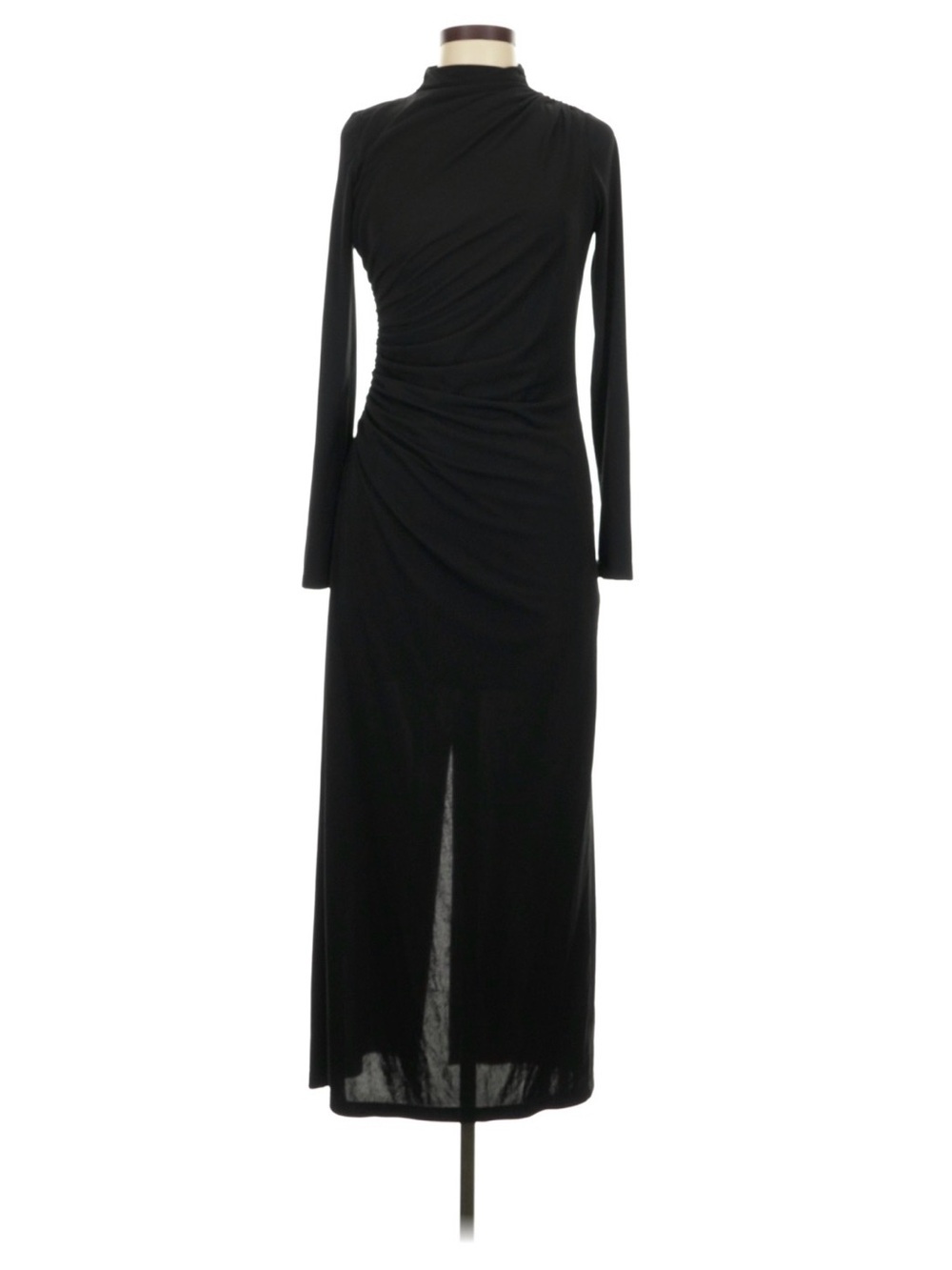 Zara Black Long Sleeve Ruched Maxi Dress with Subtle Slit